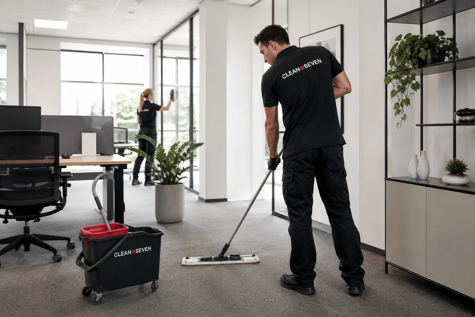 Twee medewerkers van Clean@Seven maken een leeg kantoorpand schoon na oplevering: de vloer wordt gezogen en de vensterbanken worden afgenomen