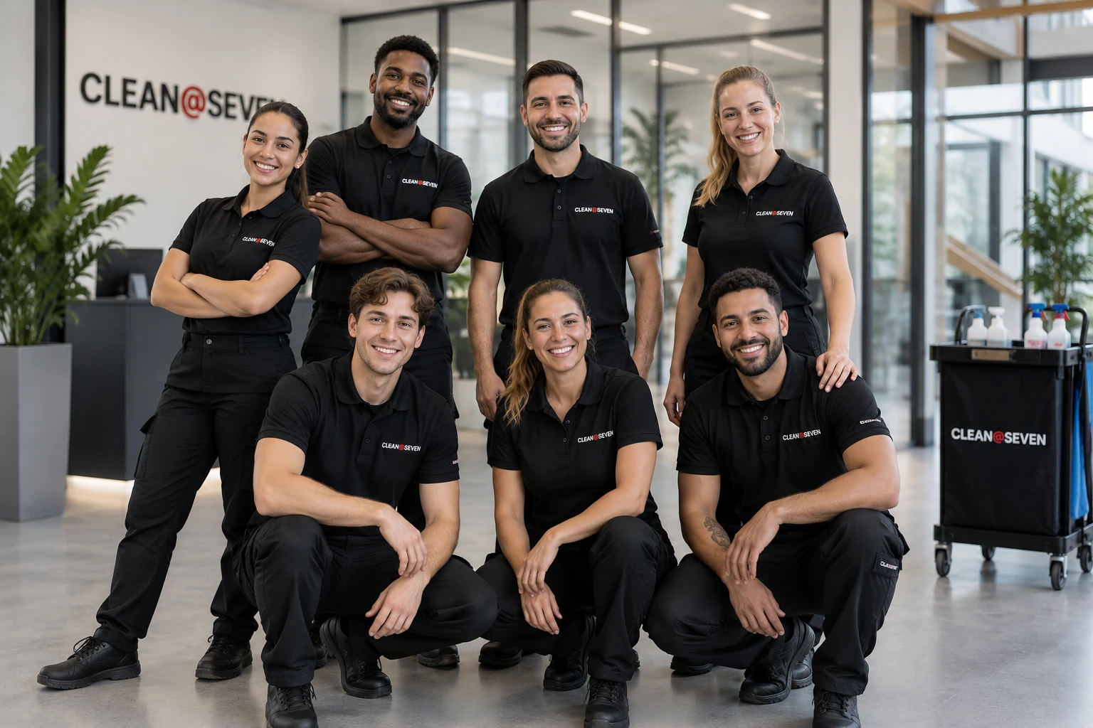 Medewerkers van Clean@Seven in de entree van een kantoorpand