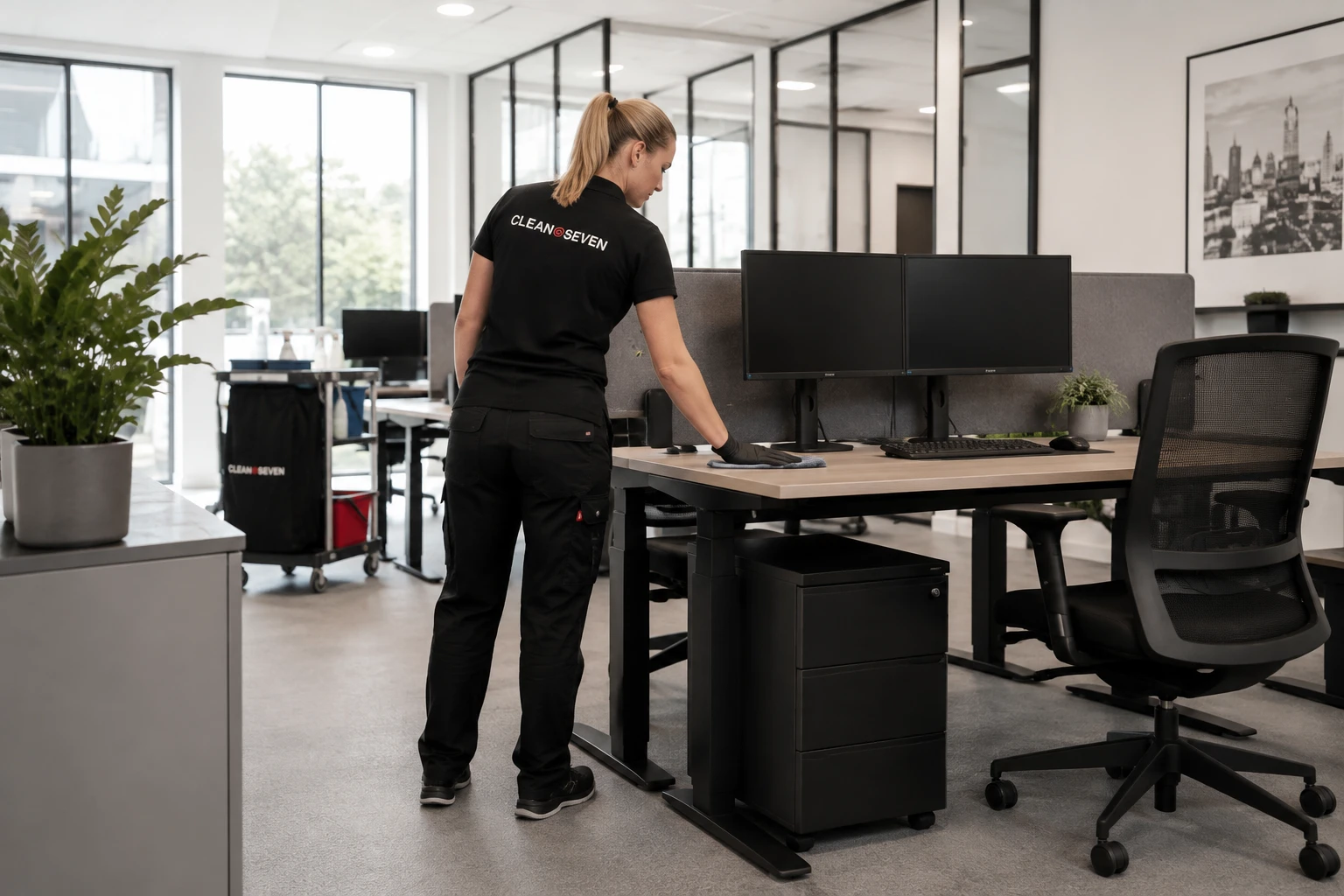 Medewerker van Clean@Seven neemt een bureau met twee beeldschermen af in een kantoortuin