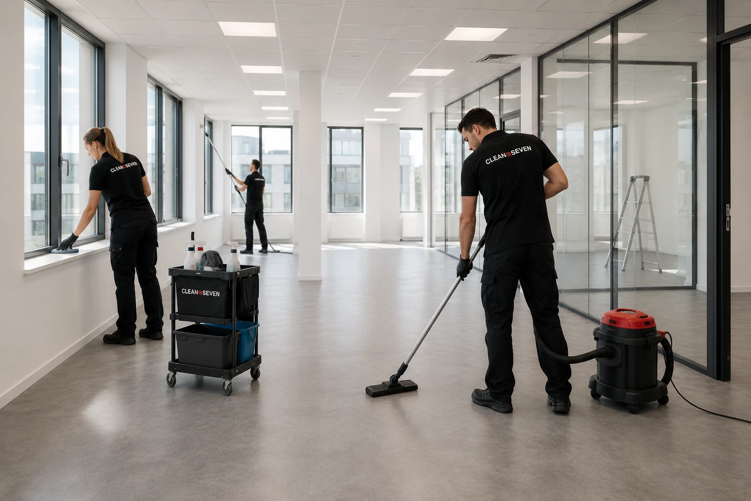 Twee medewerkers van Clean@Seven maken een leeg kantoorpand schoon na oplevering: de vloer wordt gezogen en de vensterbanken worden afgenomen