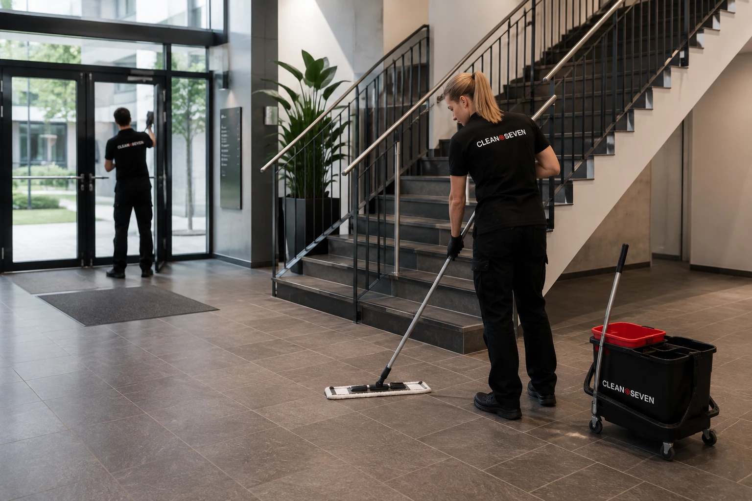Medewerker van Clean@Seven dweilt de tegelvloer in de entree van een appartementengebouw, naast het trappenhuis